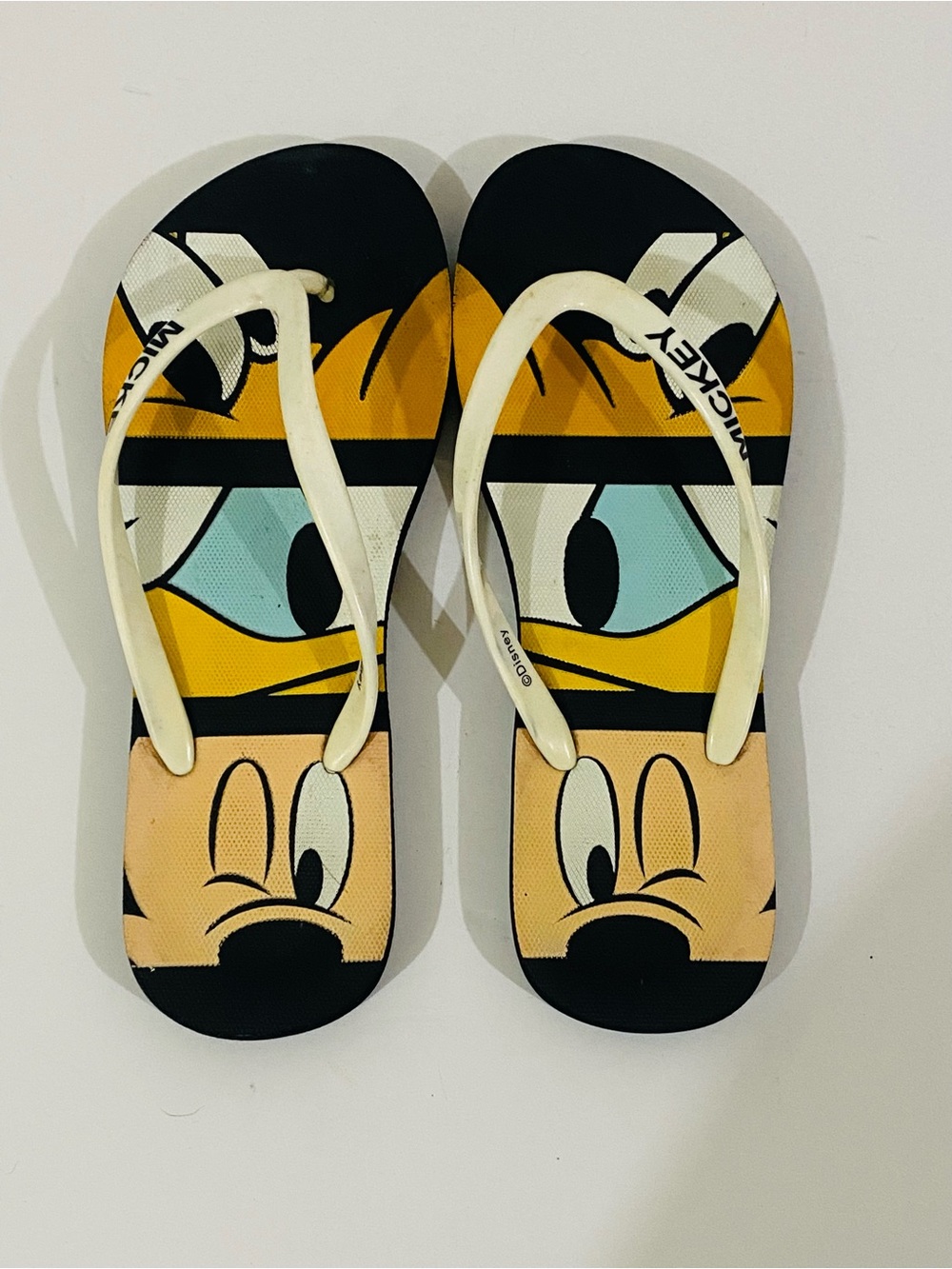 Disney Yellow & Black Mickey Kids Flip-Flops with White Straps